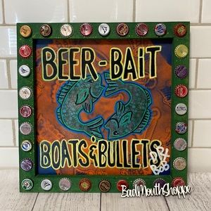 Dr. Bob RX Folk Art Artist New Orleans BEER BAIT BOATS & BULLETS Fish Painting